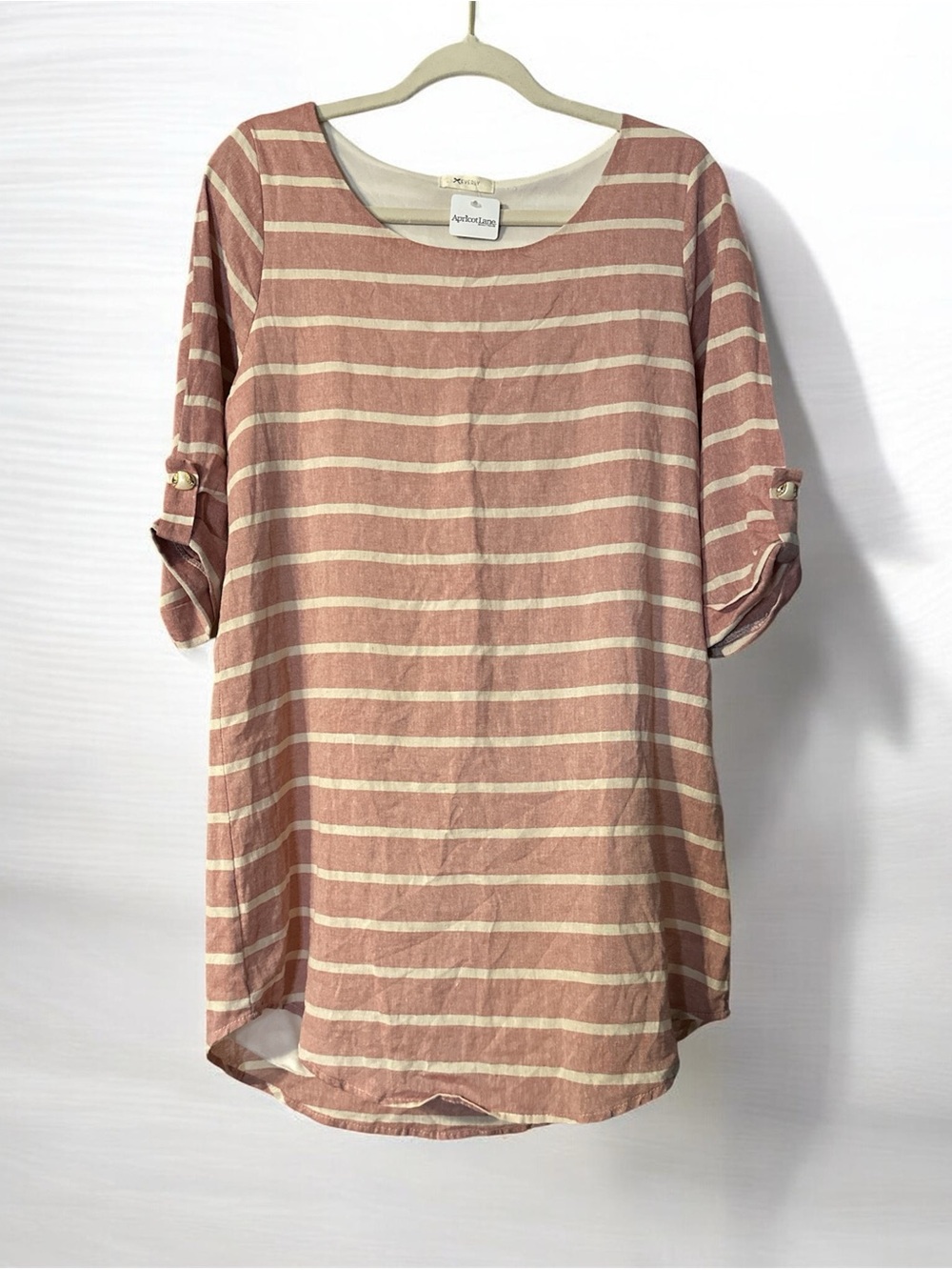 Everly Red and Cream Striped Roll-Sleeve Tunic Dress, NWT Sz L